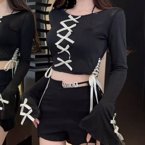 Cross-Tie Crop Top High-Waisted Shorts Set