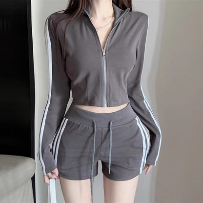 Long-Sleeve Striped Zip Top Stretch Shorts Set