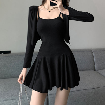 Waist Pleated Cami Dress Long-Sleeved Cardigan Set