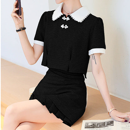 Back Bow Doll Collar Top Pleated Skirt Set