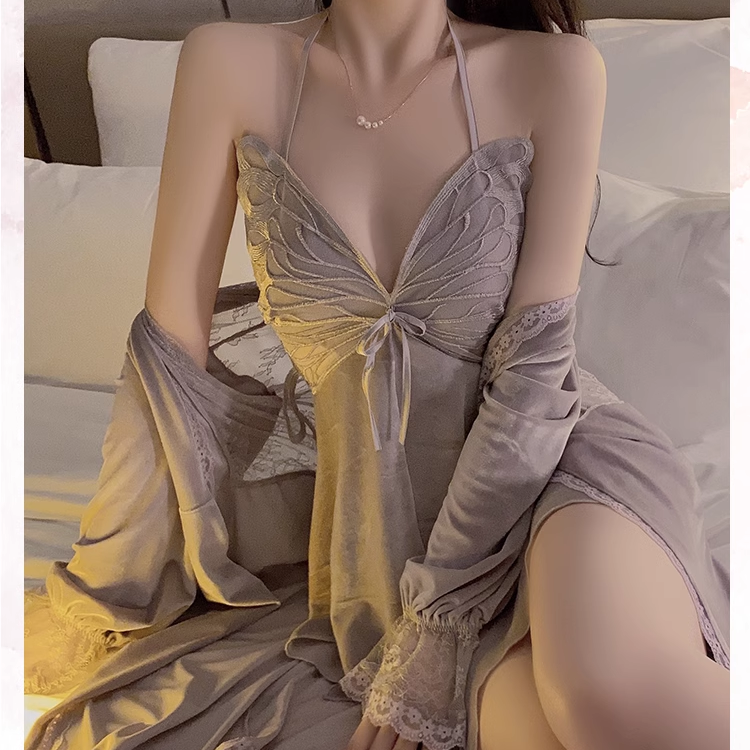 Gold Velvet Butterfly Sexy Backless Nightdress