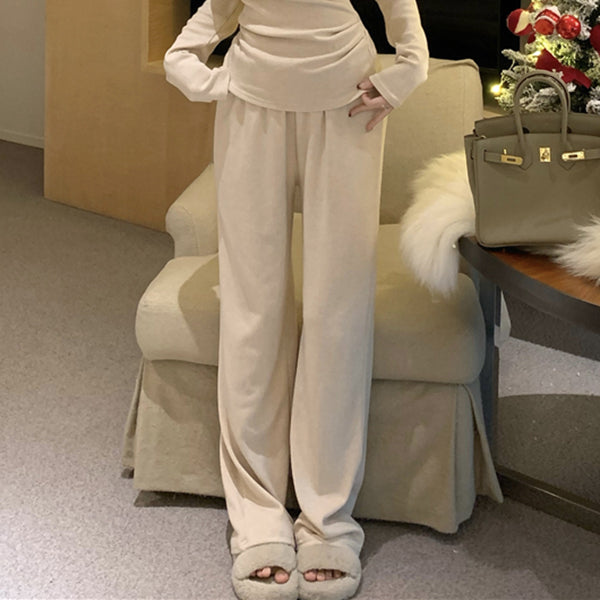 Sloping Shoulders Long-Sleeved Top Set Wide-Leg Pants