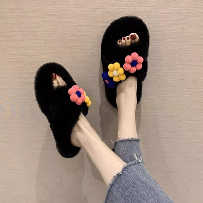 Furry For Outer Wear Shoes Flower Home Cotton Slippers