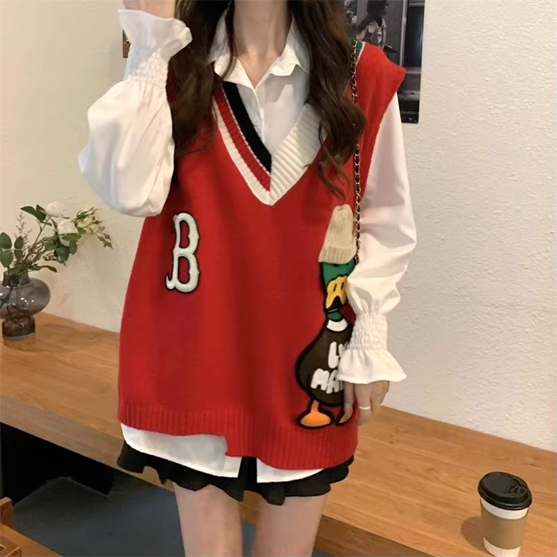 Cartoon Color Block V-Neck Loose Sweater Vest