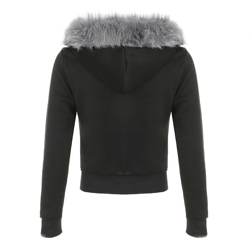 Furry Hooded Warm Zippered Short Jacket Top