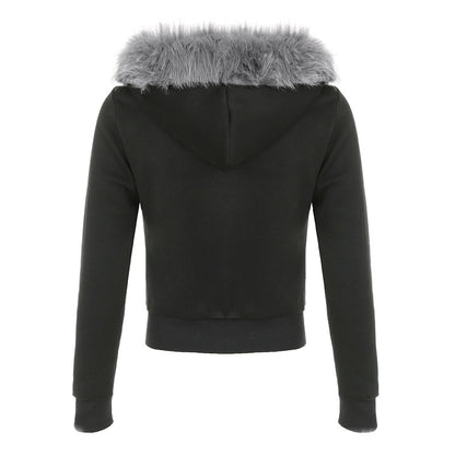 Furry Hooded Warm Zippered Short Jacket Top