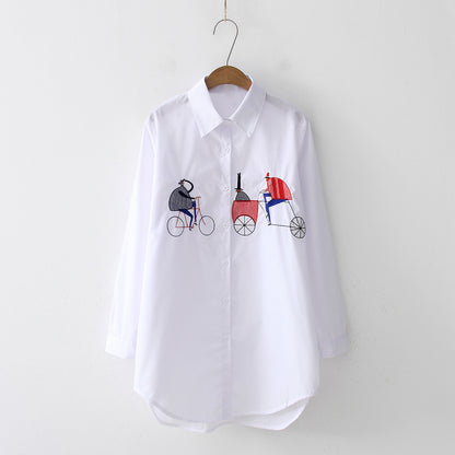 Embroidery Pattern Loose Casual White Shirt Top