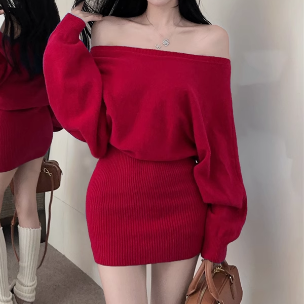 Off-Shoulder Stretch Knit Sweater Dress