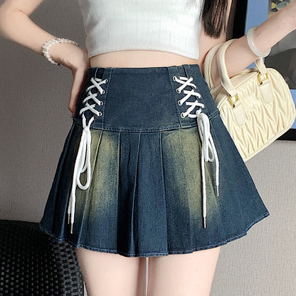 Tie High Waist Pleated A-Line Denim Skirt