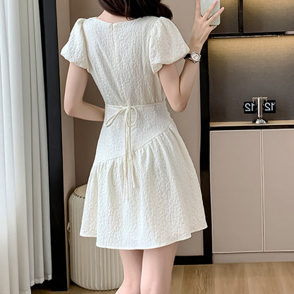 Solid Color V-Neck Puff Sleeve Pleated Dress