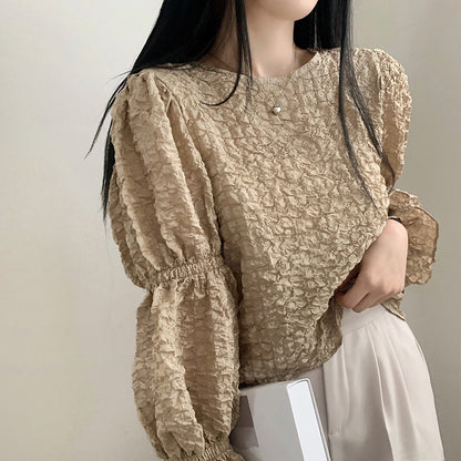 Puff Pleated Crew Neck Lantern Sleeve Shirt Top