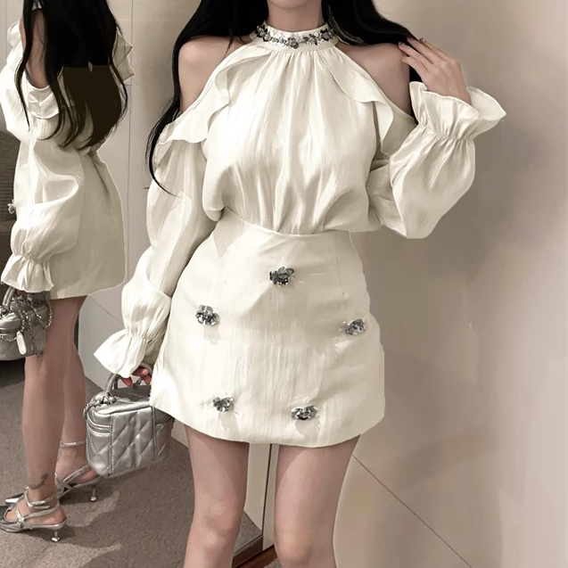 Off-Shoulder Long Sleeve Top High Waist Skirt Set