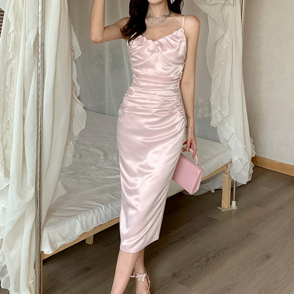 Pink Bodycon Fishtail Pleated Strapless Cami Dress