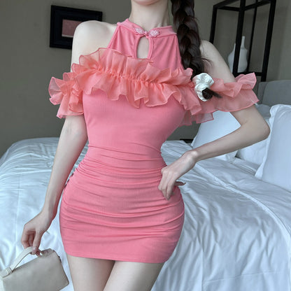 Mesh Ruffled Off-Shoulder Hip-Wrapped Short Dress