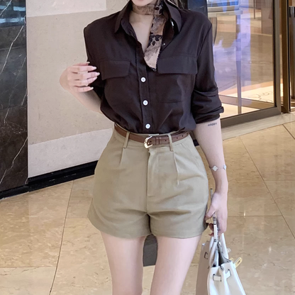 Button-Up Shirt Wide Leg Shorts Silk Scarf Belt Set