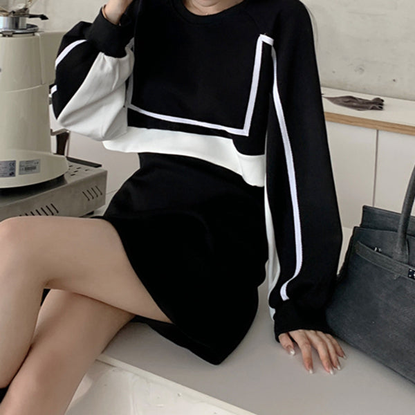 Black White Color Matching Fake Two Piece Short Dress