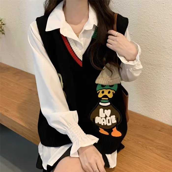 Cartoon Color Block V-Neck Loose Sweater Vest