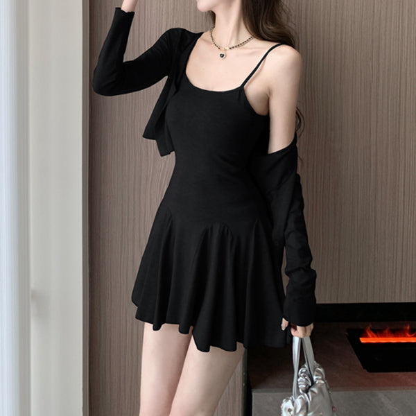 Waist Pleated Cami Dress Long-Sleeved Cardigan Set