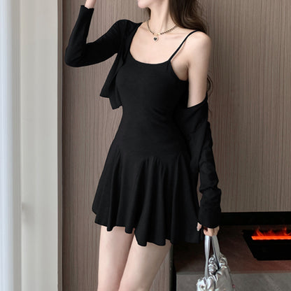 Waist Pleated Cami Dress Long-Sleeved Cardigan Set