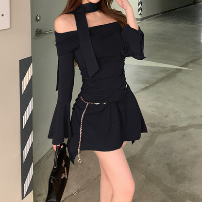 Off-Shoulder Trumpet Sleeve Solid Color Hip Dress