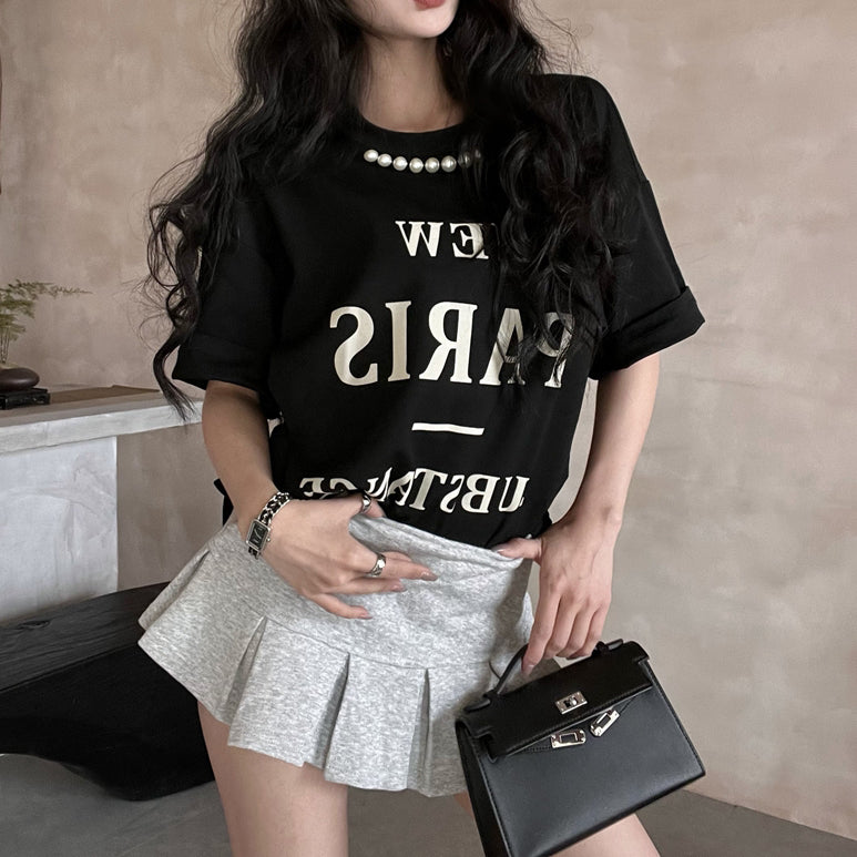 Vintage Letter Print Pearl Loose Short-Sleeved T-Shirt