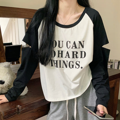 Patchwork Long Sleeve T-Shirt Ripped Color Block Letter Top