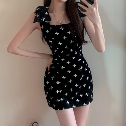 Temperament Fashionable Cross Print Bow Cami Dress