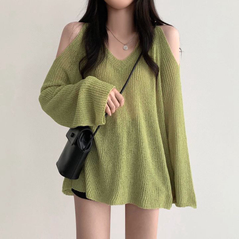 Off-Shoulder Loose V-Neck Long-Sleeved Knitted Top