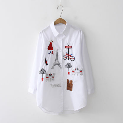 Embroidery Pattern Loose Casual White Shirt Top