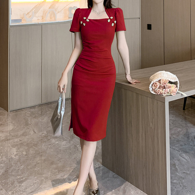 Retro Solid Color Cheongsam Square Neck Wrap Hip Dress