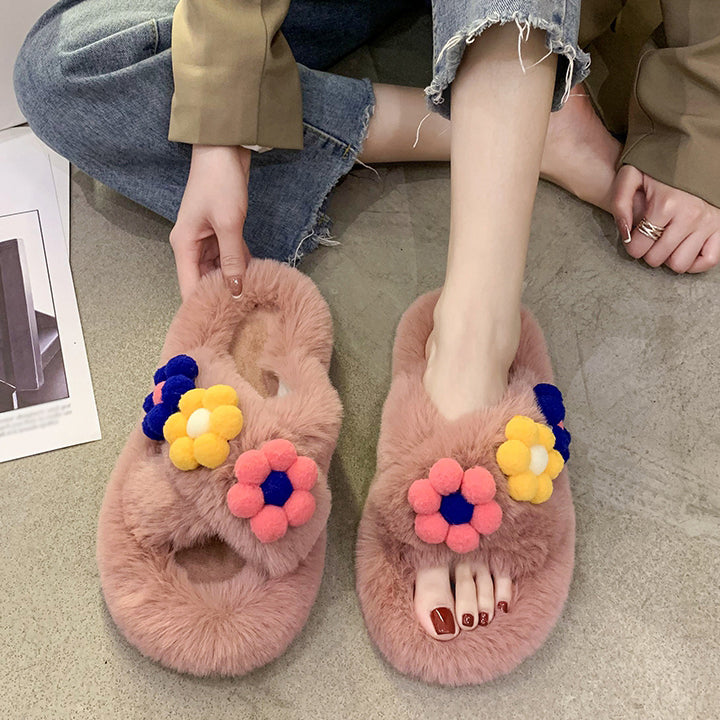 Furry For Outer Wear Shoes Flower Home Cotton Slippers