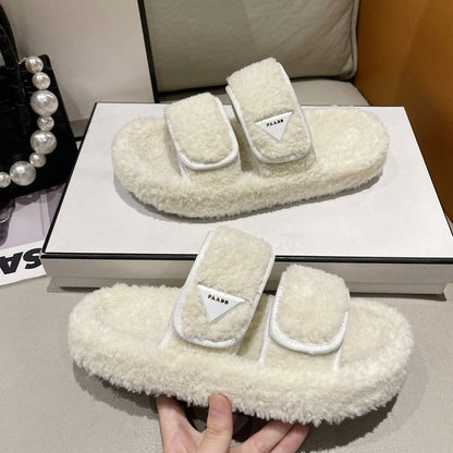 Flat Plush Solid Color Velcro Slippers