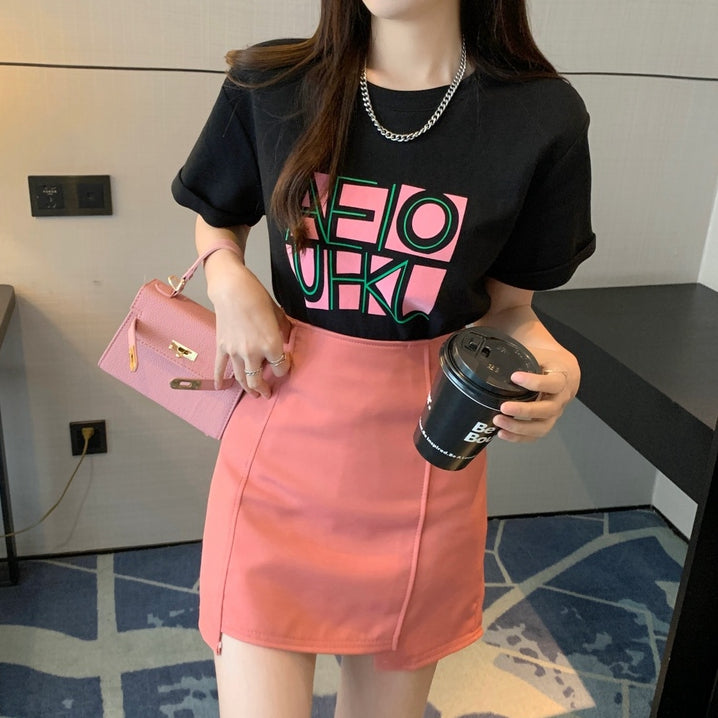 Letter Print T-Shirt Irregular High-Waist Skirt Set