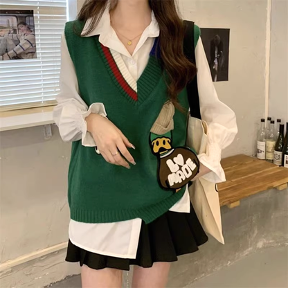 Cartoon Color Block V-Neck Loose Sweater Vest