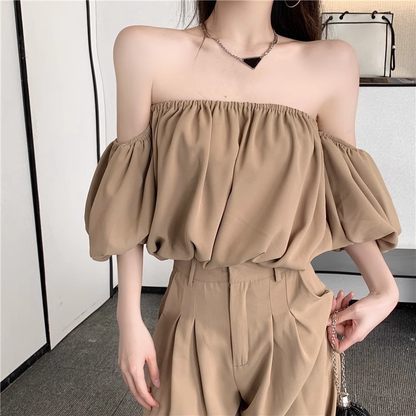 Puff Sleeve Off-Shoulder Top Suit Wide-Leg Trousers Set