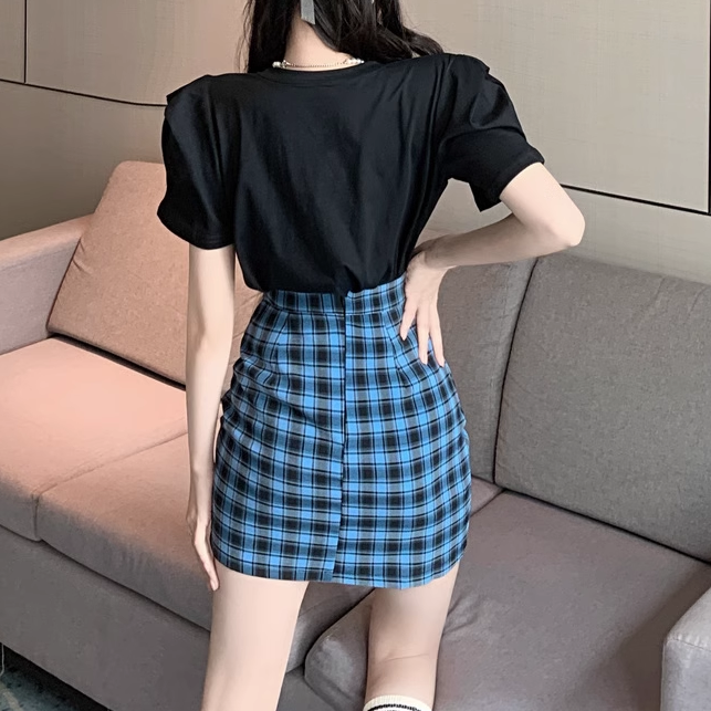 Set Printed T-Shirt Plaid Pleated Short Skirt