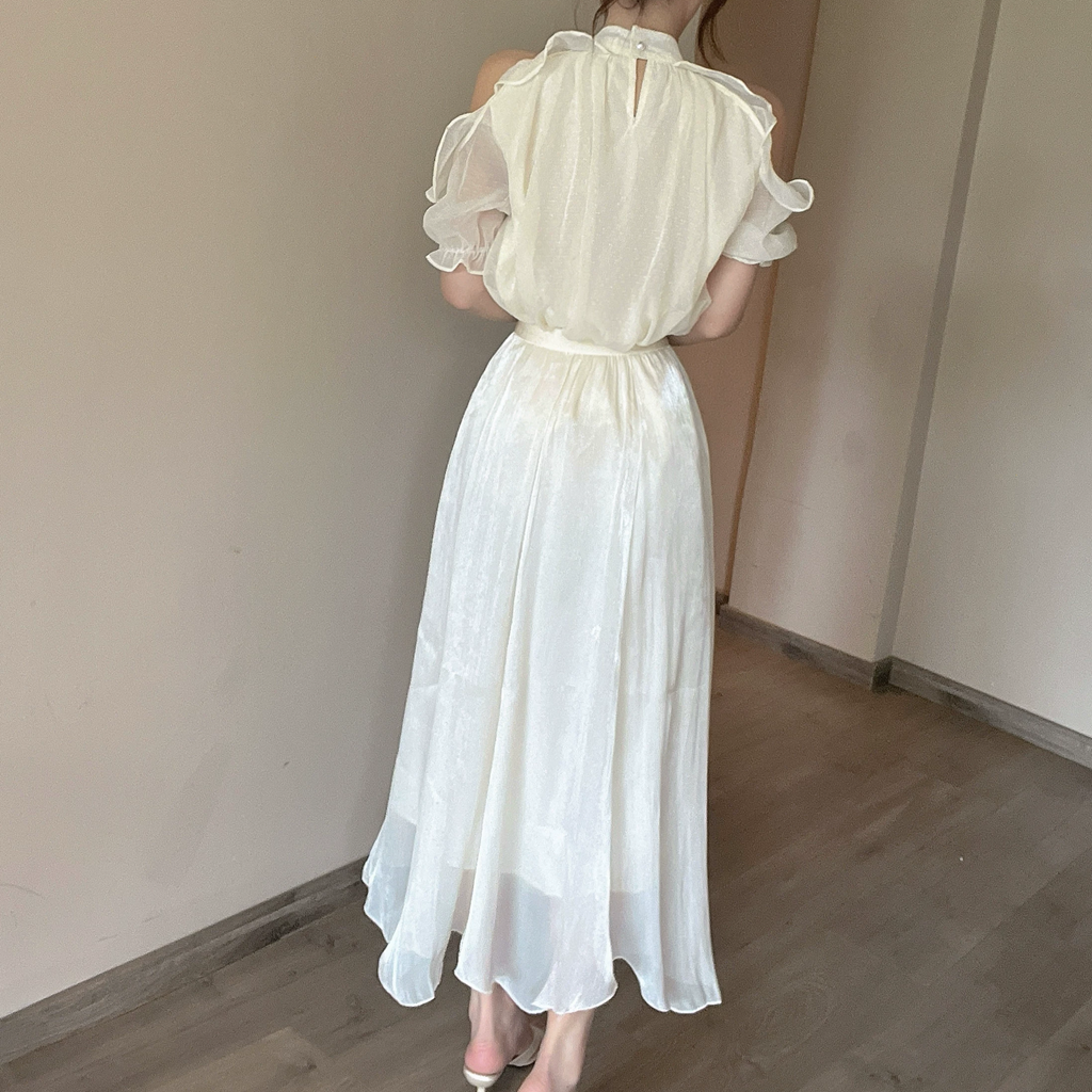 Off-Shoulder Pearl Top Chiffon High Waist Skirt Set