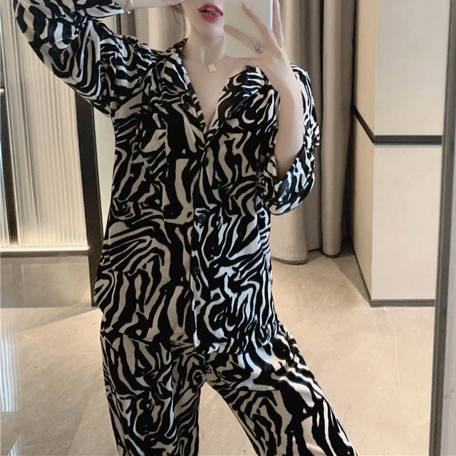 Velvet Sexy Zebra Print Cardigan Long Sleeve Lounge Wear Two Piece Set