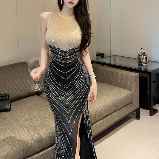 Sexy Mesh See-Through Slit Rhinestone Sleeveless Dress