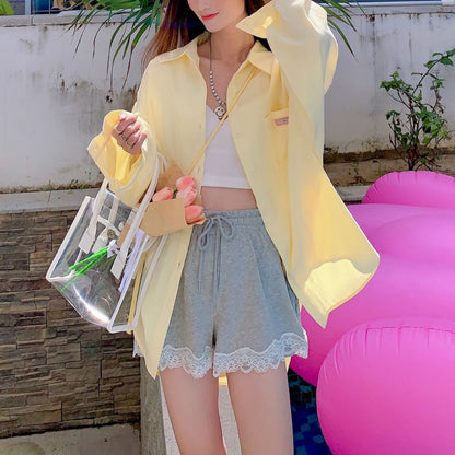 Loose Cotton Casual Long-Sleeved Pink Cardigan Shirt