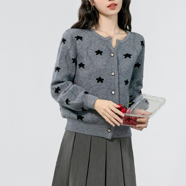 Gray Embroidered Five-Pointed Star Knitted Cardigan