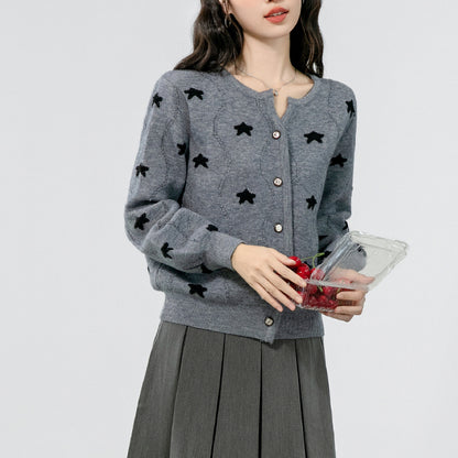 Gray Embroidered Five-Pointed Star Knitted Cardigan