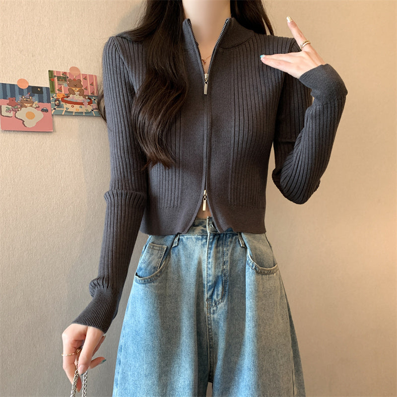 Fashionable Long-Sleeved Knitted Sweater Zipper Cardigan Top