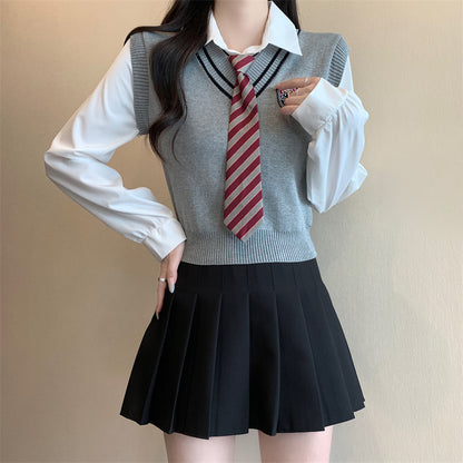 Knitted Vest Polo Collar Top With Tie