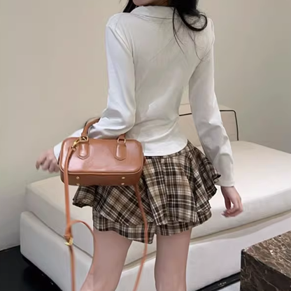 Slim Long-Sleeved T-Shirt Tie Plaid Skirt Set