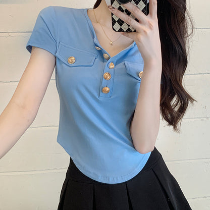 Solid Color Short Sleeve T-Shirt Irregular Top