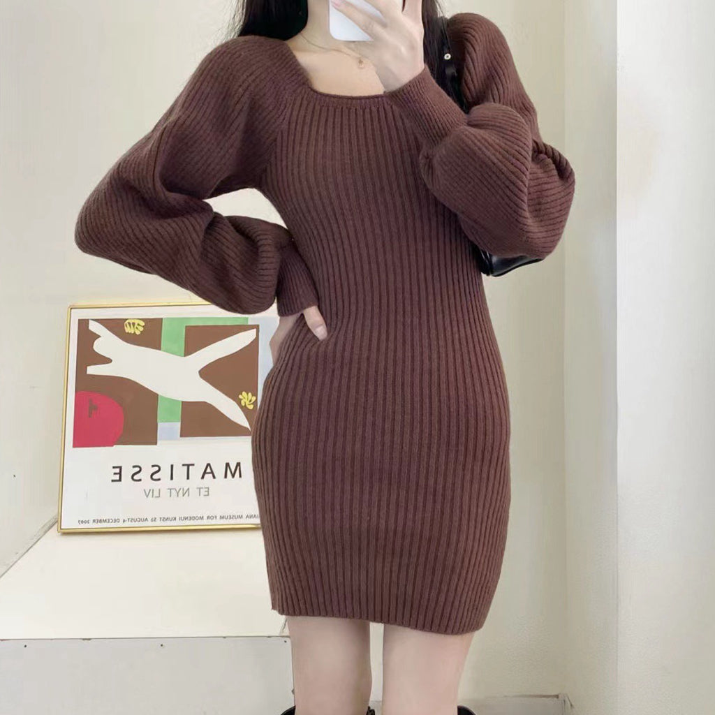 Loose Square Neck Knitted Sweater Dress