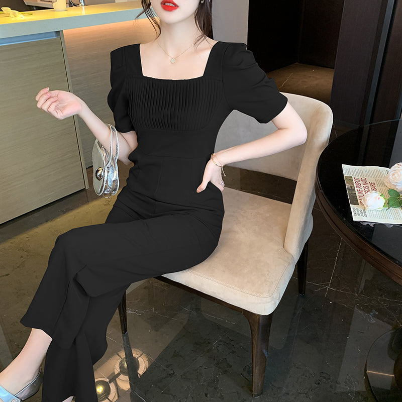 Fashionable Square Neck Pleated Simple Waist Slimming Jumpsuit