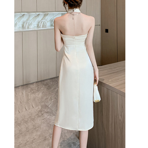 Satin Halter Sleeveless Open-Waist Slim Dress