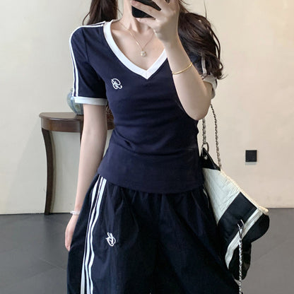 Short-Sleeved V-Neck T-Shirt Sports Striped Pants Set